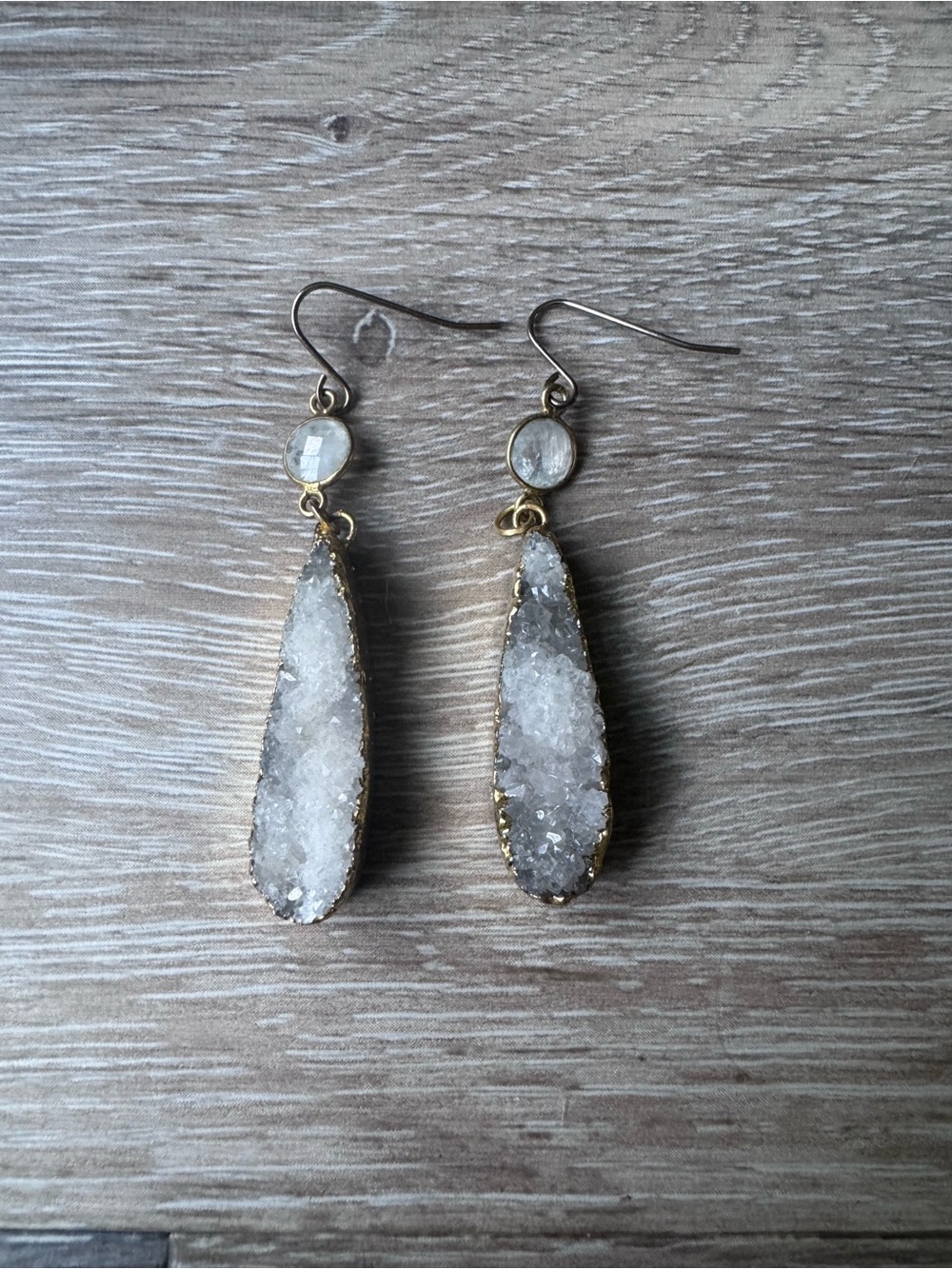White Druzy Teardrop Dangle Earrings with Gold Accents